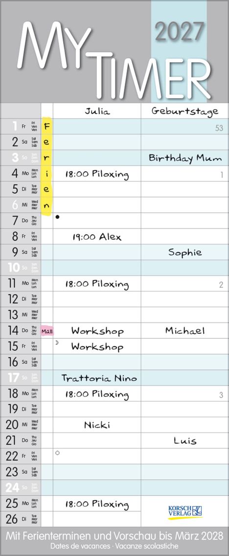 Kalender für 2027 mit Terminen. Enthält Geburtstage, "Piloxing" um 18:00, "Workshop", Namen wie Sophie, Luis, und Nicki.