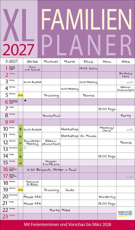 XL FAMILIEN PLANER 2027. Wochenübersicht im Mai für Ulrike, Michael, Marie, Elias, Nina, Alex. Termine: Kino, Ballett, Yoga.