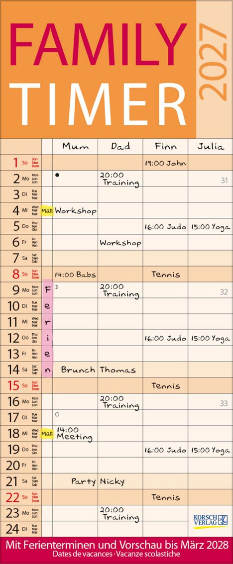 Familienkalender 2027: Termine für Mum, Dad, Finn, Julia. Enthält Workshops, Training, Tennis, Judo, Yoga, Ferien, Brunch, Party.