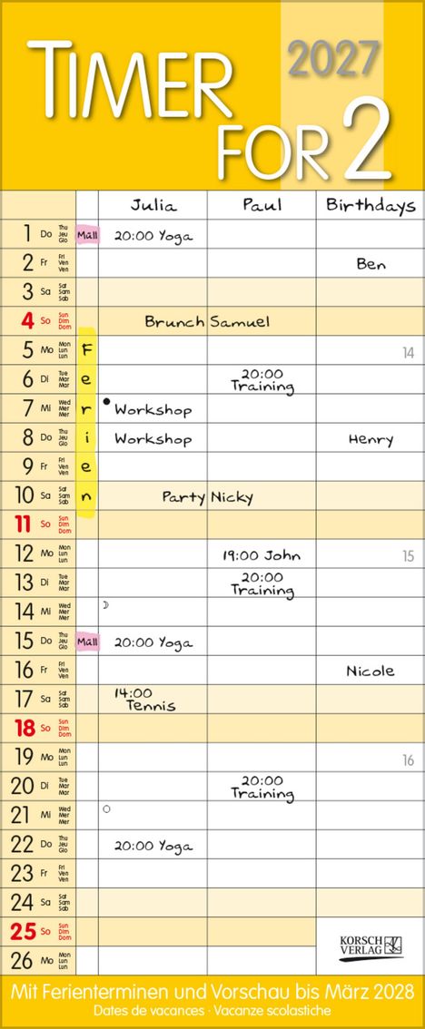 "Timer for 2", 2027, Kalender mit Terminen, Müllabfuhr markiert, Ferien gelb hervorgehoben, Geburtstage, Yoga, Training.