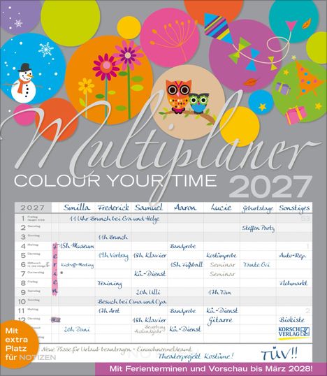 "Multiplaner, Colour Your Time 2027." Bunte Kreise, Eulenillustration oben, Kalenderblatt unten, Werbetext und To-Dos.