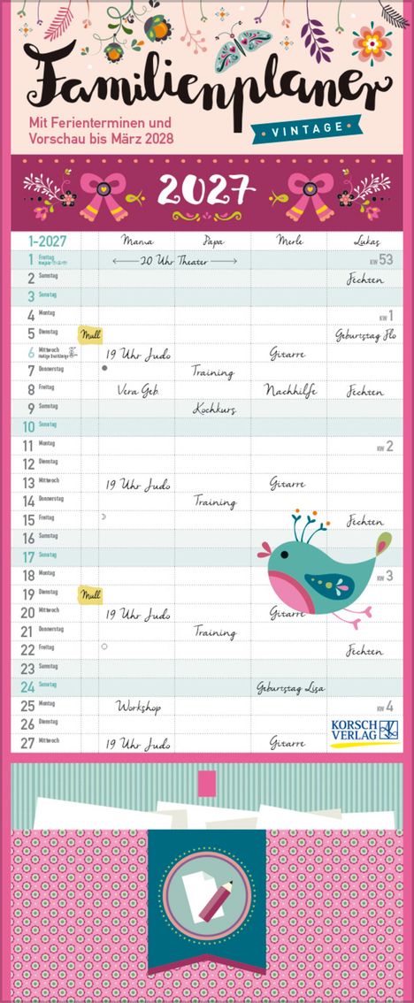 „Familienplaner“, „Mit Ferienterminen“, „2027“. Buntes Design mit Blumen, Schmetterlingen und einem Vogel.