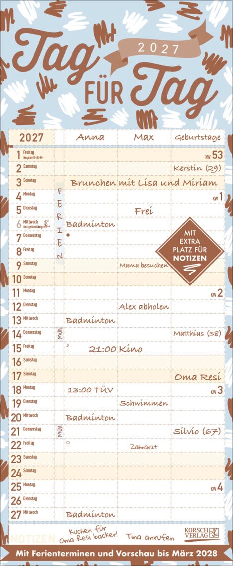 Kalenderblatt 2027, Termine: Brunch, Badminton, TÜV. Notizen: "Kuchen für Oma Resi backen", "Tina anrufen".