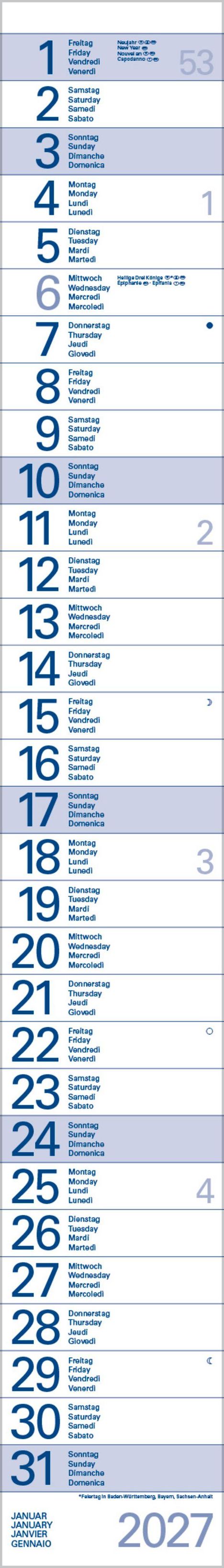 Kalender für Januar 2027. Feiertage: Neujahr am 1., Heilige Drei Könige am 6. Weekdays in vier Sprachen aufgeführt.