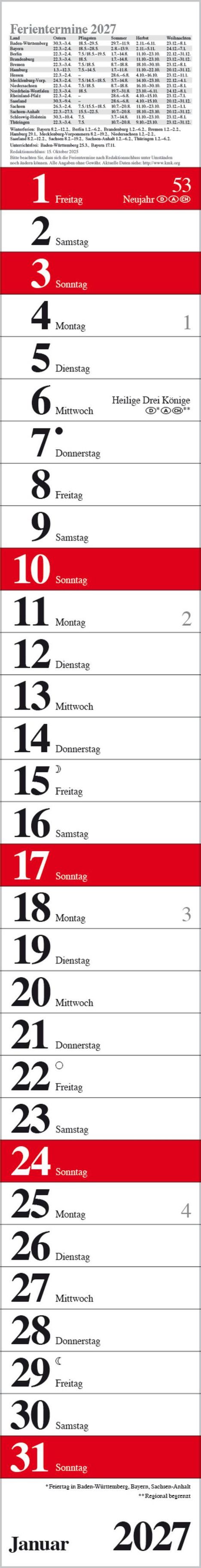 Kalender für Januar 2027, mit Feiertagen und Wochenzahlen. Wichtige Tage sind in rot markiert, wie Neujahr am 1. Januar.