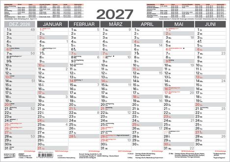 Kalender für 2027. Tage und Monate in Monaten und Wochentagen organisiert. Feiertage in Rot. Enthält regionale Infos.