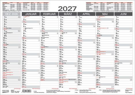 Kalender für 2027. Monate und Tage in Spalten. Feiertage in Rot. Oben Ferienzeiten für verschiedene Bundesländer.