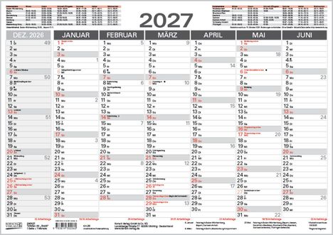 Kalender für das Jahr 2027, zeigt Monate von Dezember 2026 bis Juni 2027, mit Feiertagen und Arbeitstagen.