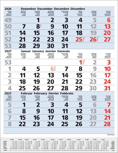 Kalenderübersicht für Dezember 2026 bis Februar 2027 mit Feiertagen in Rot; Wochen sind nummeriert.