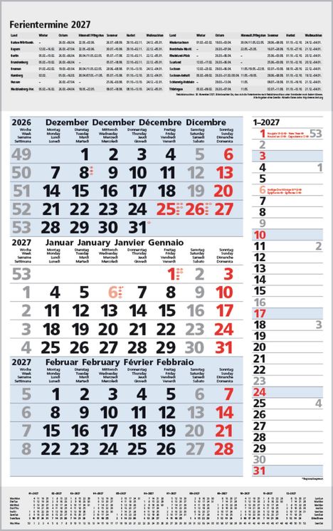 Ferientermine 2027: Übersicht der Schulferien nach Bundesländern, Kalenderblätter für Dezember 2026 bis Februar 2027.