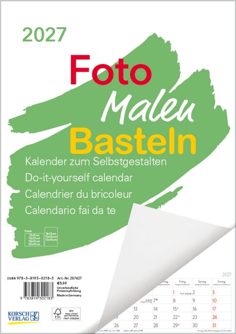 Text: "2027, Foto, Malen, Basteln, Kalender zum Selbstgestalten". Grüner Farbfleck, Kalenderblätter unten rechts.