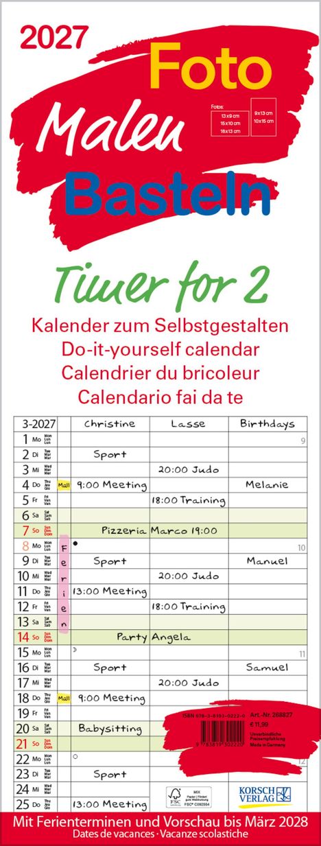 2027 Foto Malen Basteln Timer for 2: Kalender zum Selbstgestalten in vier Sprachen. Enthält Monatsübersicht mit Terminen.