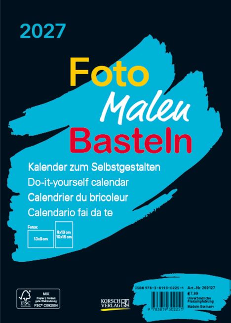 2027, Foto, Malen, Basteln. Kalender zum Selbstgestalten. Do-it-yourself calendar. Blau/schwarze Gestaltung.