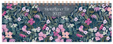 „Mein Planer für 2027“ steht in einem geschwungenen Kreis. Darunter ein florales Muster mit bunten Blumen und Blättern.