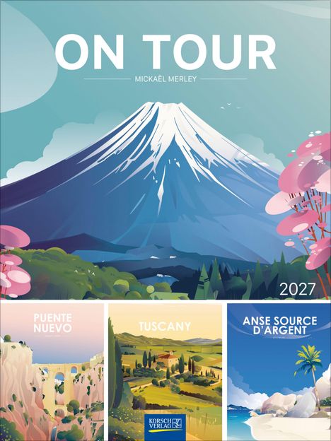 "ON TOUR Mickaël Merley 2027" oben. Darunter Illustrationen von Berg, Brücke, Landschaft und Strand.