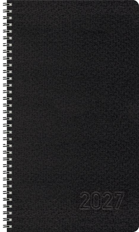 Spiralbindung, schwarze Textur, Zahl "2027" unten rechts geprägt.