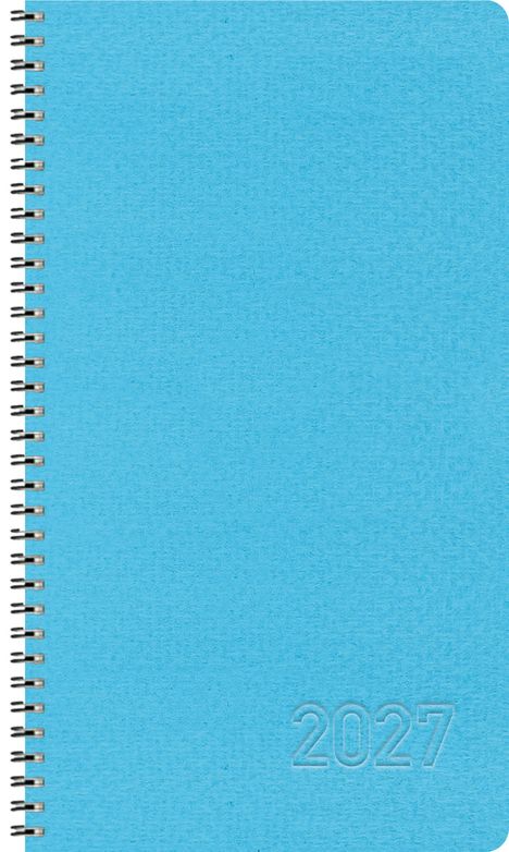 "2027" geprägt auf einem blauen Spiralblock, spiralförmige Bindung links.