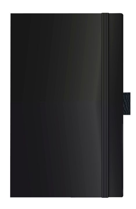 Ein schwarzes Notizbuch mit einem elastischen Verschlussband rechts und einer kleinen Stifthalterung.