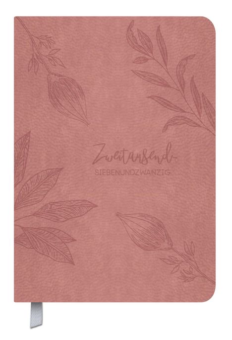 "Zweitausend-siebenundzwanzig", verziert mit feinen, floralen Illustrationen auf einem rosafarbenen Hintergrund.