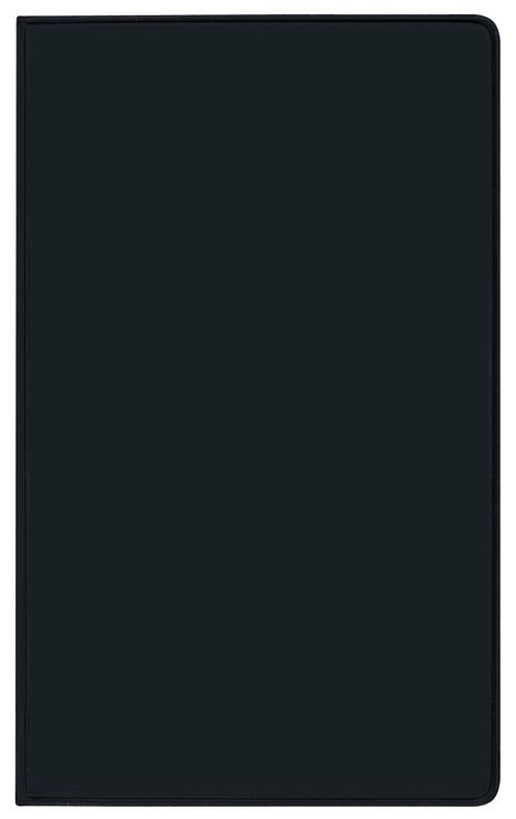 Ein schlichtes schwarzes Notizbuch, rechteckig und abgerundet an den Ecken.