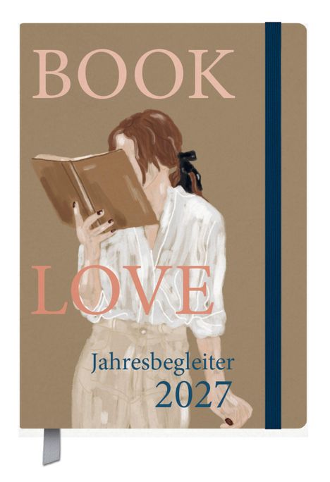 "BOOK LOVE Jahresbegleiter 2027" steht in großen hellen Buchstaben auf einem Cover. Illustration einer Person mit Buch.