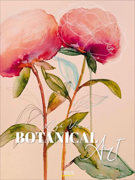 Text: "2024", "Leigh Viner", "BOTANICAL ART". Aquarell von zwei rosa Blüten mit grünen Blättern.