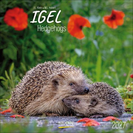 Text: "J.L. Klein & M.L. Hubert IGEL Hedgehogs 2027". Zwei Igel liegen dicht beieinander, umgeben von rotem Klatschmohn.