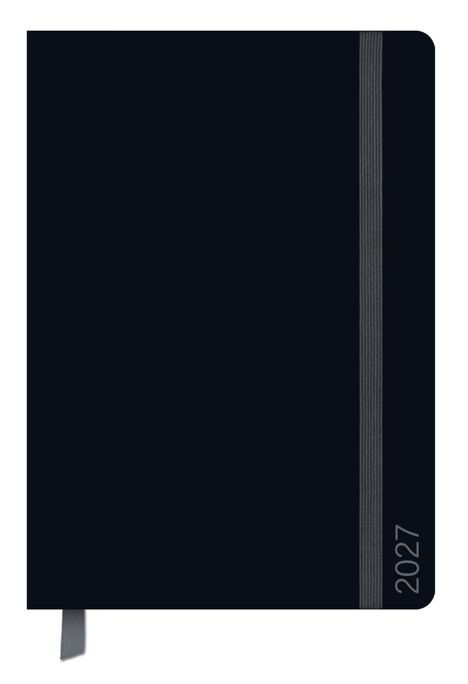 "2027" auf dem Cover. Ein dunkelblauer Notizbuch-Einband mit grauem Gummiband und Lesezeichen.