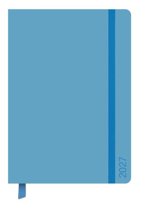 Der Text "2027" befindet sich unten rechts. Ein hellblaues Notizbuch mit Gummiband und Leseband.