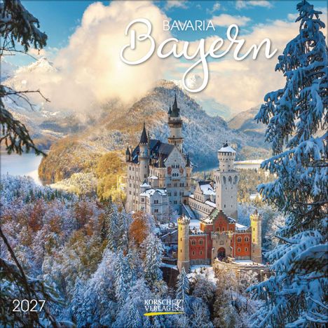 Text: "Bavaria Bayern 2027". Ein schneebedecktes Schloss vor einer Berglandschaft im Winter.