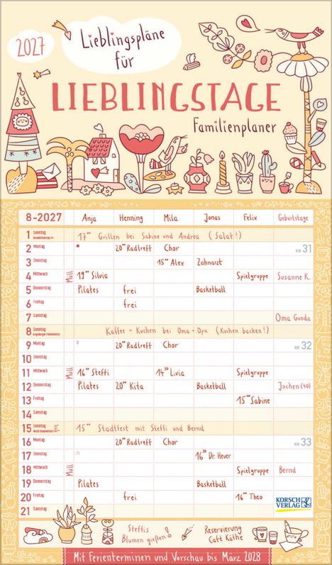 „Lieblingspläne für Lieblingstage. Familienplaner 2027. Monat August mit Terminen. Liebevolle Illustrationen mit Blumen und Dingen.“