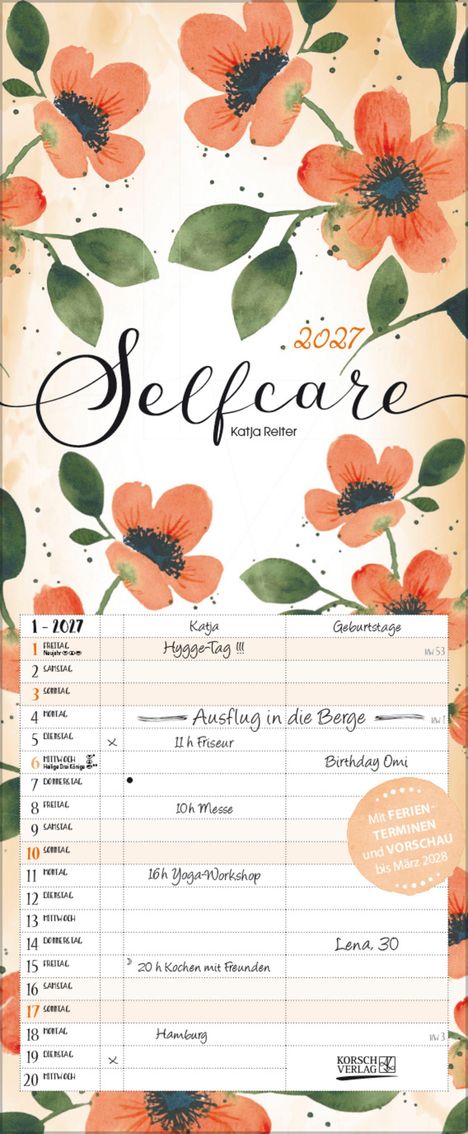 Kalenderblatt mit den Worten: Selfcare 2027. Blumendesign mit orangefarbenen Blüten und grünen Blättern.