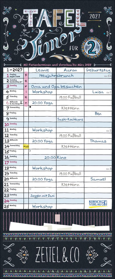 "TAFEL Timer für 2, 2027. Leonie, Aaron, Neujahrsbrunch, Oma und Opa besuchen, Yoga, Klettern, Fußball, Sushi-Kochkurs, Kino, Joggen."