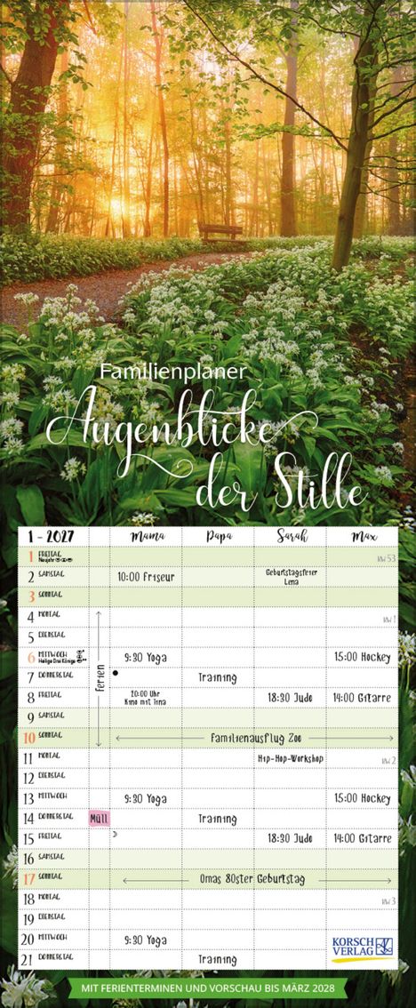 Familienplaner: "Augenblicke der Stille". Kalender für Januar 2027 mit Terminen. Thema: idyllische Waldszene mit Bärlauch.