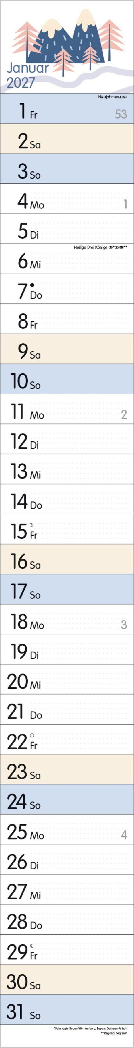 Kalender Januar 2027, mit Datumsangaben und Feiertagen. Illustration von Bergen und Bäumen oben.