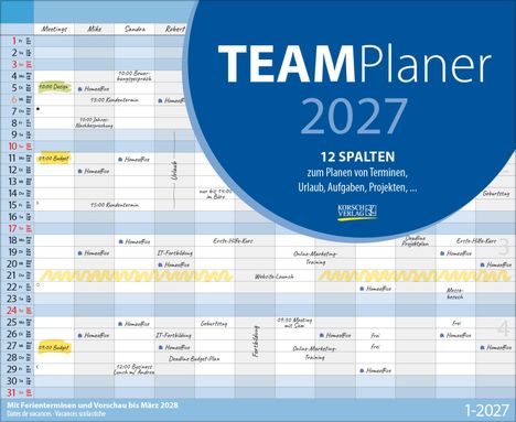 TEAMPlaner 2027, 12 SPALTEN zur Planung, zeigt Termine, Urlaub, Aufgaben. Lineares Monatslayout in Blau-Gelb.
