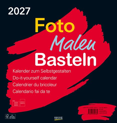 „2027 Foto, Malen, Basteln, Kalender zum Selbstgestalten“ auf rotem Hintergrund mit schwarzem Text.