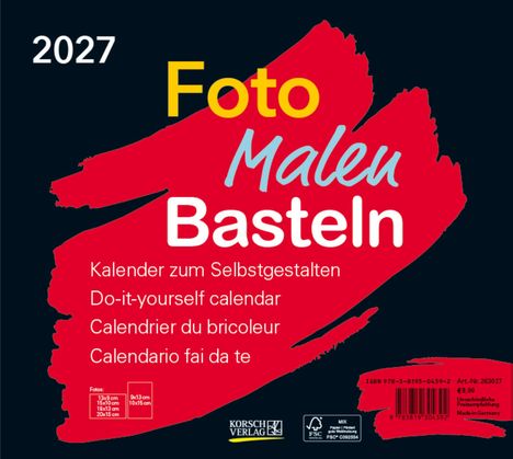 „2027 Foto Malen Basteln. Kalender zum Selbstgestalten.“ Ein farbiger Hintergrund mit rotem Pinselstrich.