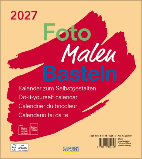 2027 Foto Malen Basteln. Kalender zum Selbstgestalten in mehreren Sprachen. Rotes Pinselstrich-Design.