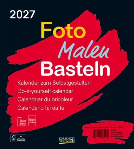 2027, Foto Malen Basteln, Kalender zum Selbstgestalten. Bunte Pinselstriche auf schwarzem Hintergrund.