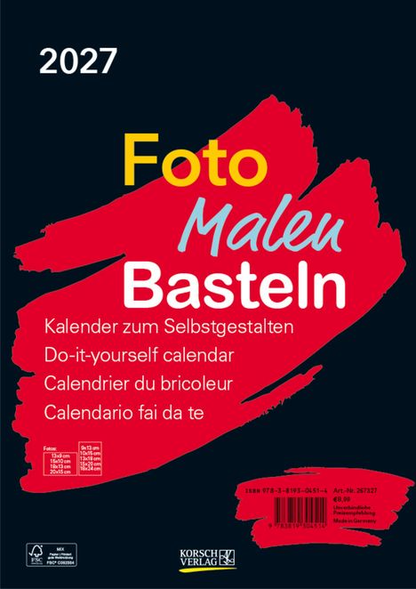 2027. Foto Malen Basteln. Kalender zum Selbstgestalten. Do-it-yourself calendar. Rotes Pinselstrich-Design.