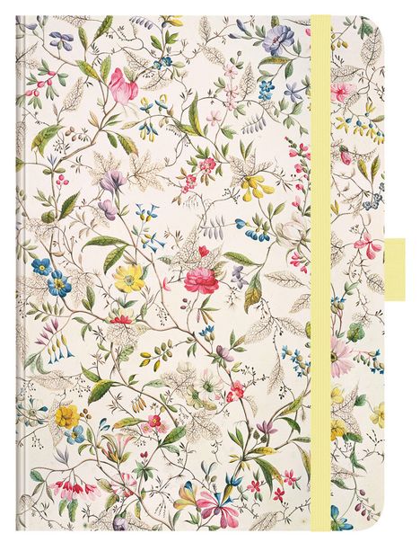 Notizbuch mit floralem Muster: Bunte Blumen und Blätter auf hellem Hintergrund, gelbes elastisches Band an der Seite.