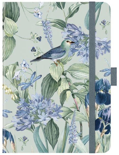 Kein Text vorhanden. Detailliertes florales und botanisches Design mit einem Vogel, blauen Blumen und grünen Blättern.