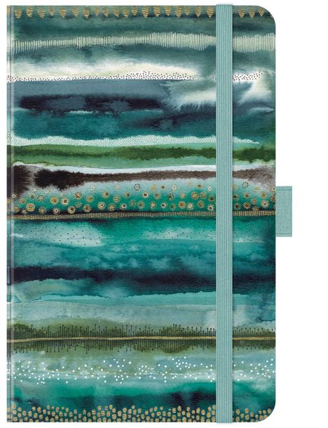 Abstrakte Illustration in Blau- und Grüntönen mit goldenen Akzenten. Elastikband an rechter Seite.