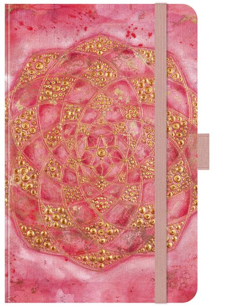 Kein Text erkennbar. Illustratives Design: Rosa Hintergrund mit detailliertem, goldenen Mandala-Muster und elastischem Band.