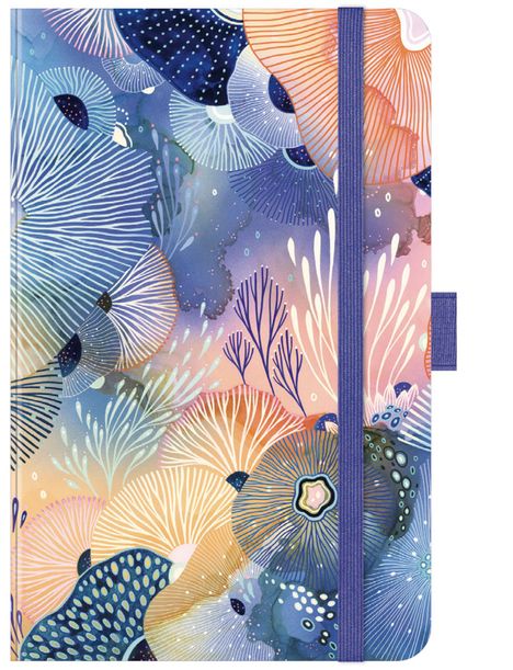 Abstrakte Illustration mit bunten organischen Formen, die an Meereslebewesen erinnern, in Blau- und Orangetönen.