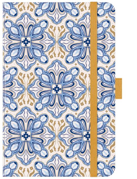 Keine erkennbaren Texte. Geometrisches Muster in Blau und Gold mit symmetrischen Blumenähnlichen Formen.