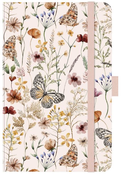 Illustration mit Schmetterlingen und bunten Blumen auf einem hellen Hintergrund. Elasthan-Band an der rechten Seite.