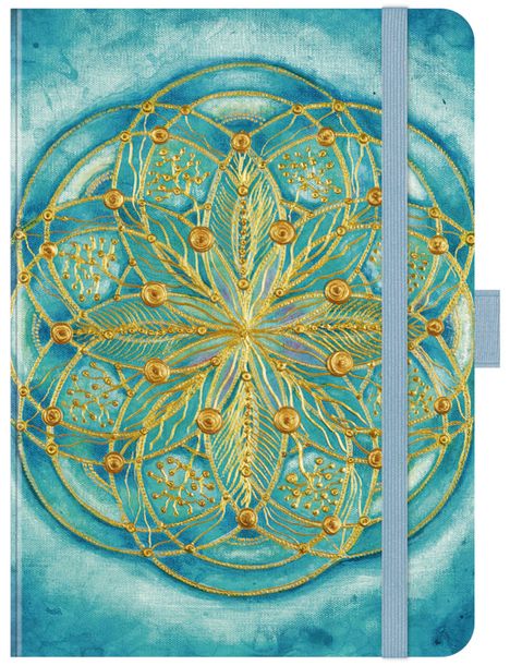 Mandala in Gold auf türkisfarbenem Hintergrund, verziert mit detaillierten Mustern und runden Elementen.