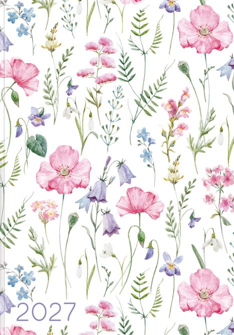 2027 in lila Schrift unten. Zartes Blumenmuster mit rosa, lila und blauen Blüten auf weißem Hintergrund.